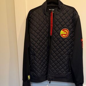 Men's Black Quilted Jacket with Red and Yellow Accents